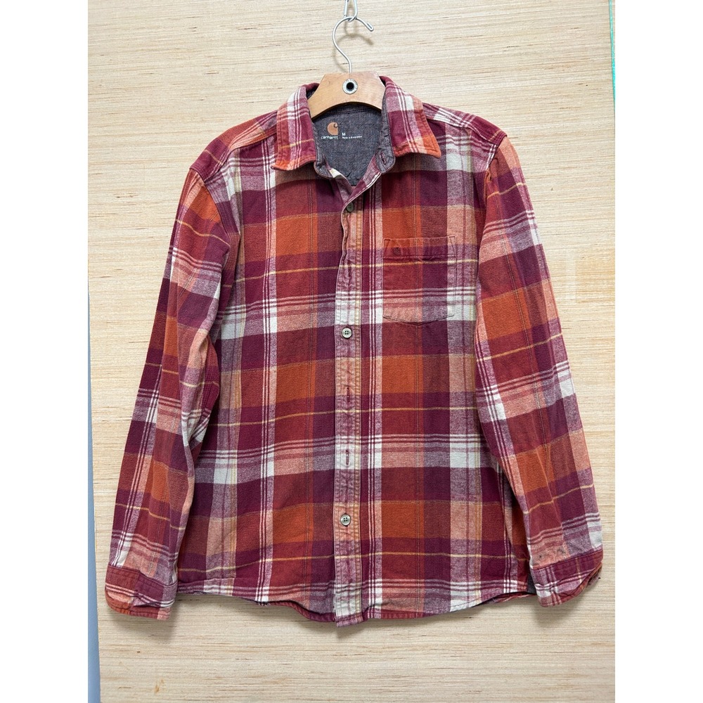 Carhartt Mens Plaid Flannel Shirt Long Sleeve Red Orange Button Up Size‎ M